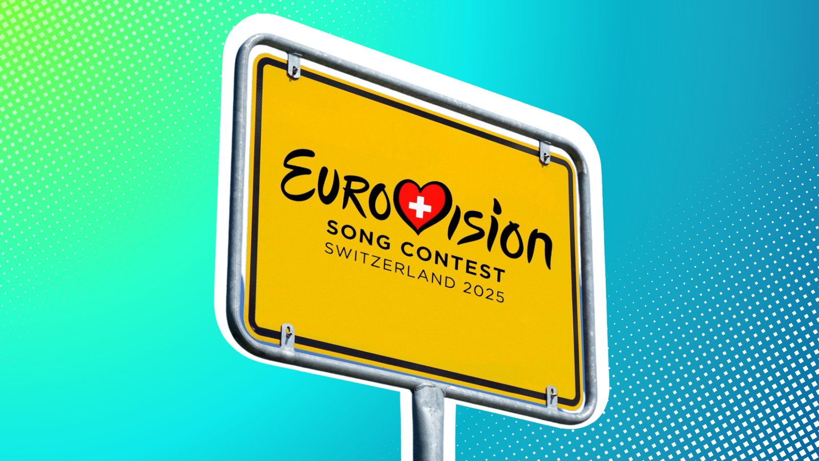 Gelbes Verkehrsschild mit ESC-Schriftzug für 2025 in Basel.