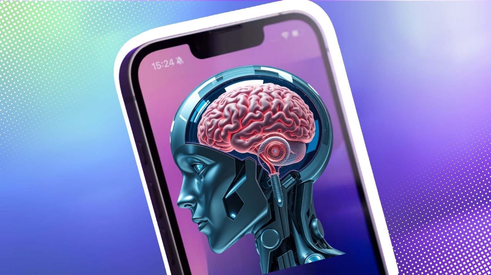 Ein Apple iPhone, auf dem eine futuristische Darstellung eines transparenten Kopfes mit sichtbarem Gehirn und technischen Elementen angezeigt wird, das eine intelligente KI darstellen soll.