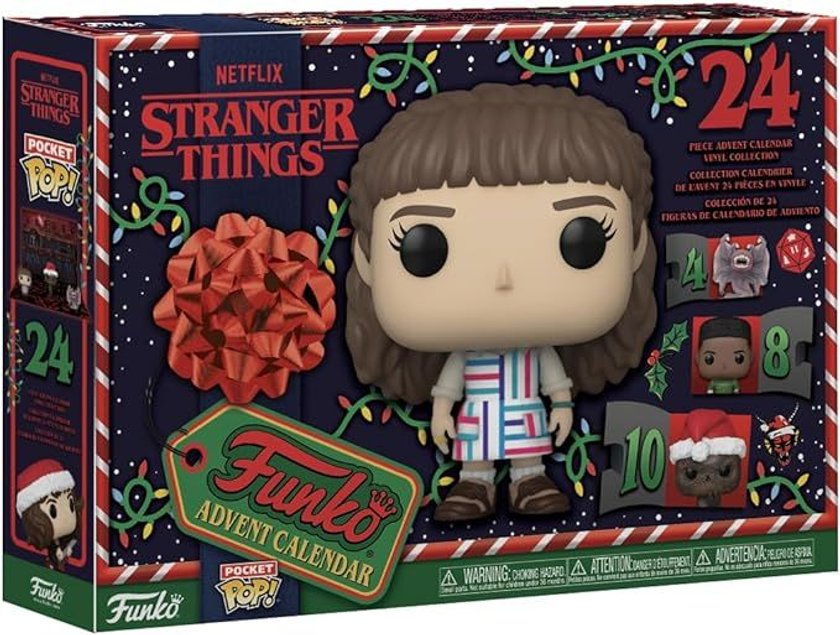 Das Bild zeigt einen Adventskalender in Netflix-Farben mit einer Funko-Figur, inspiriert von der Figur Eleven.