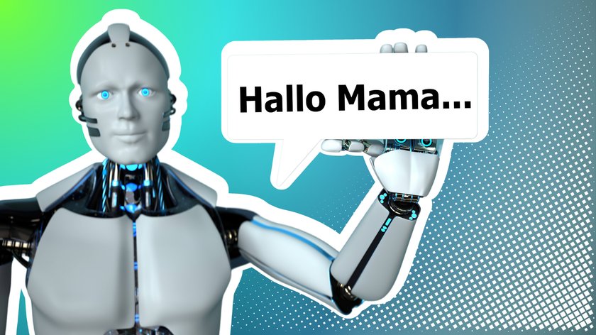 Ein humanoider Roboter mit blauen Augen und futuristischem Design hält ein Schild in einer Sprechblase, auf dem "Hallo Mama..." steht. Der Hintergrund ist in einem Farbverlauf von Grün zu Blau mit gepunktetem Muster gestaltet.