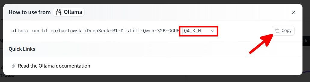 Quantisierung eines KI-Modells auswählen für Ollama auf Hugging-Face-Webseite.