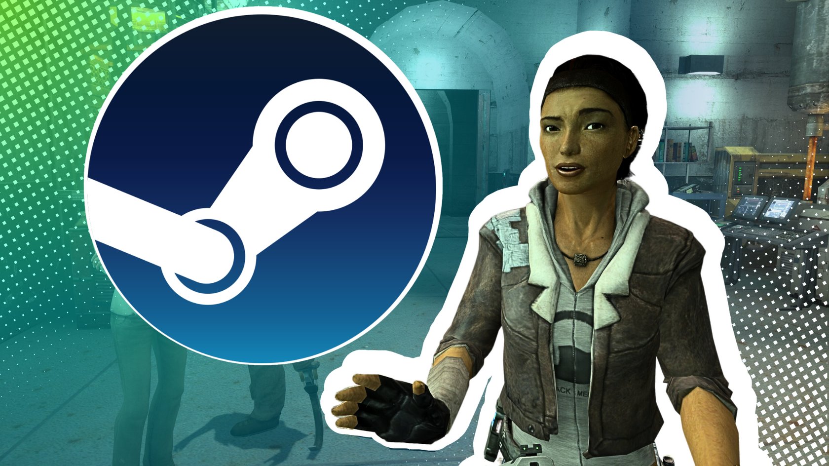 Screenshot aus Half-Life 2 mit Alyx und dem Steam-Logo im Vordergrund.