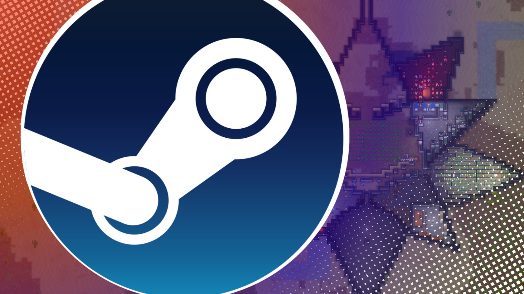 Steam-Logo&#x20;vor&#x20;einem&#x20;Screenshot&#x20;aus&#x20;RimWorld,&#x20;der&#x20;eine&#x20;sternenf&#x00F6;rmige&#x20;Basis&#x20;zeigt.