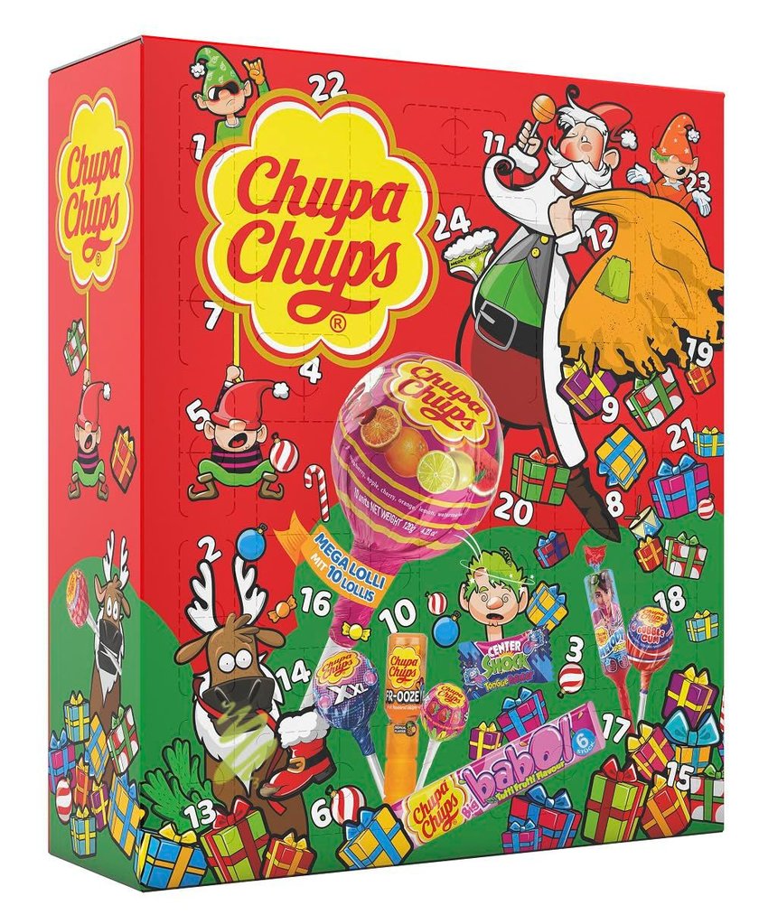 Das Bild zeigt einen Kalender von Chupa Chups mit zahlreichen Lollis und einem Weihnachtsmann, aus dessen Sack Geschenke fallen.