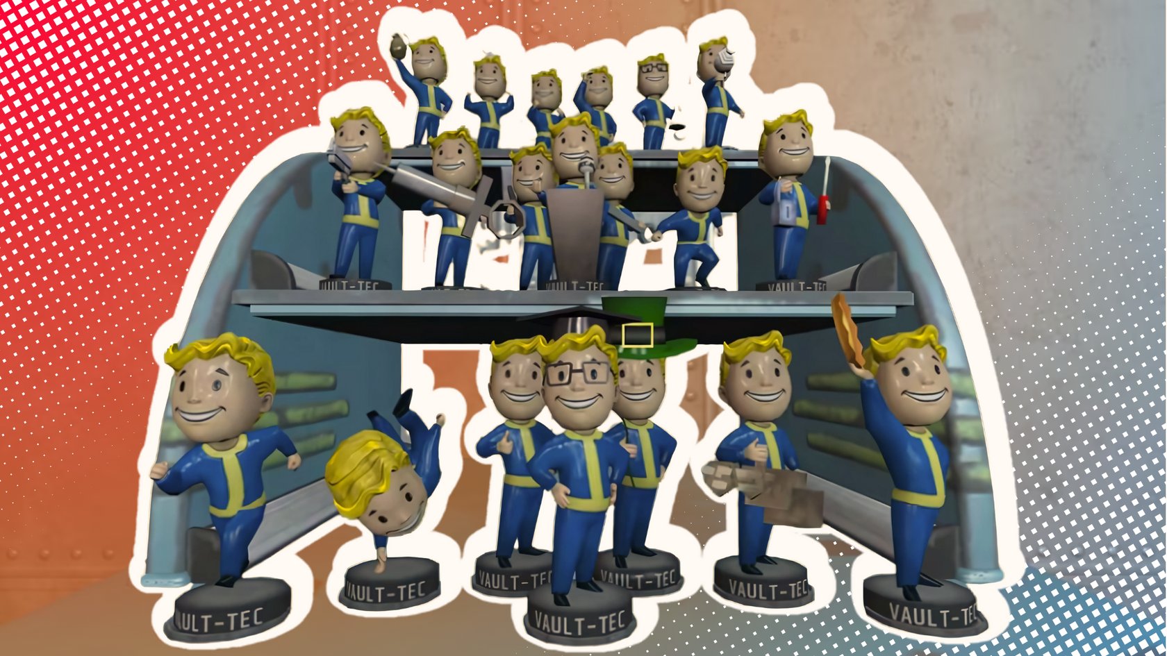 Mehrere&#x20;Vault-Tec-Figuren&#x20;in&#x20;blauen&#x20;Anz&#x00FC;gen&#x20;mit&#x20;gelben&#x20;Details&#x20;stehen&#x20;auf&#x20;einem&#x20;Regal.&#x20;Einige&#x20;Figuren&#x20;halten&#x20;verschiedene&#x20;Gegenst&#x00E4;nde&#x20;wie&#x20;ein&#x20;Mikrofon,&#x20;eine&#x20;Waffe&#x20;und&#x20;ein&#x20;Buch.&#x20;Der&#x20;Hintergrund&#x20;ist&#x20;ein&#x20;orange-rotes,&#x20;gepunktetes&#x20;Muster.