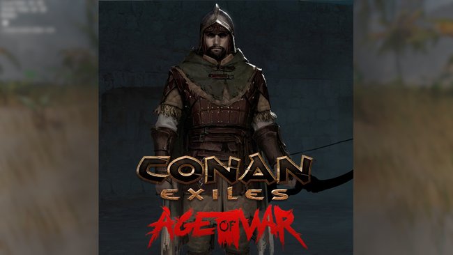 Bild eines Kriegers aus dem Spiel "Conan Exiles: Age of War". Der Krieger trägt eine braune Lederrüstung mit Metallplatten und eine grüne, zerschlissene Kapuze. Auf dem Kopf trägt er einen metallenen Helm mit spitzem Schutz. Im Hintergrund ist eine dunkle Steinmauer zu sehen. Im Vordergrund steht das Logo des Spiels "Conan Exiles" in goldenen Buchstaben, darunter in blutroter Schrift der Text "Age of War".  