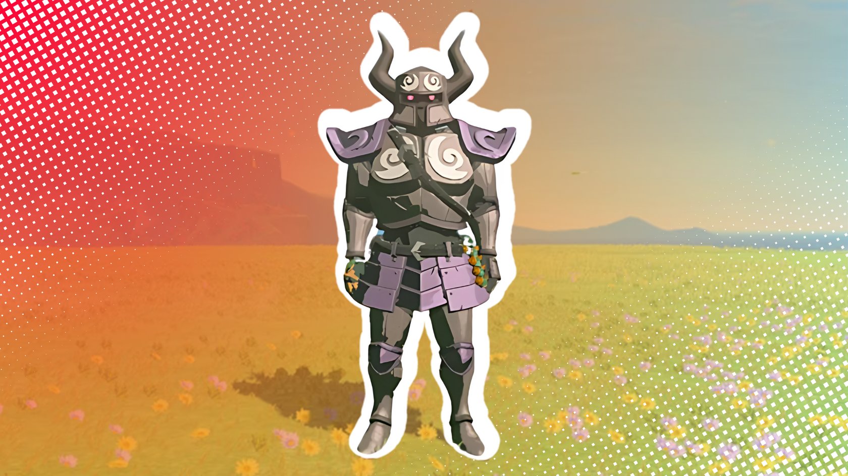 Eine stilisierte Figur in einer Ritterrüstung mit Hörnern auf dem Helm steht vor einem Hintergrund aus einer farbenfrohen Wiese mit Blumen und einem leicht verblassten Himmel. Die Rüstung ist dunkelgrau mit lila Akzenten, und die Szene ist mit einem halbtransparenten Raster und Farbverlauf in Rot- und Gelbtönen überlagert.