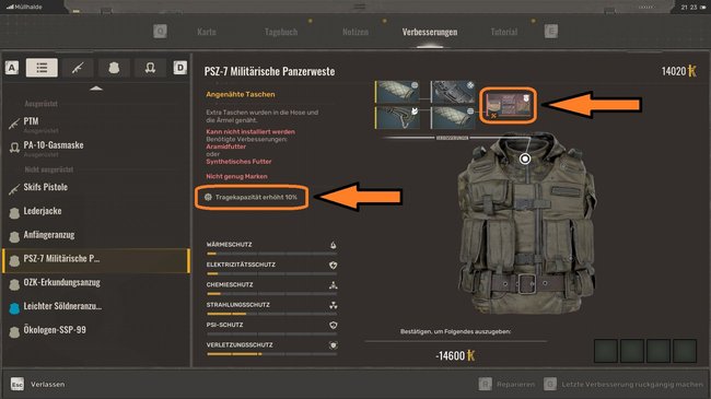 Manche Anzug-Upgrades geben euch 10 % mehr Tragekapazität.