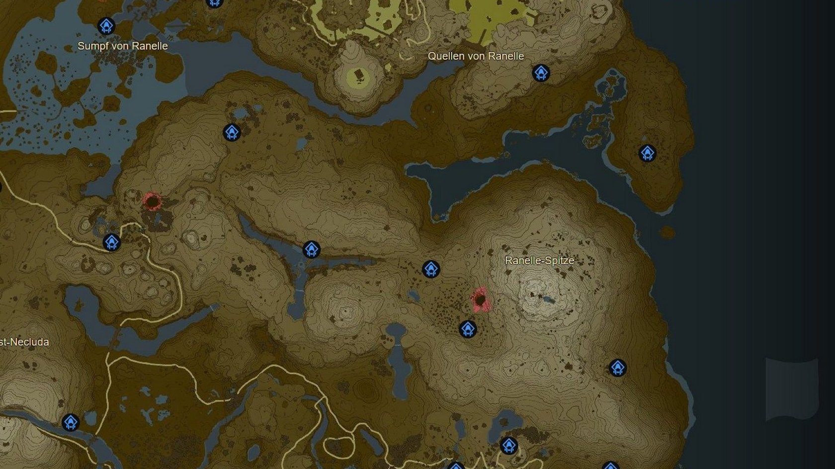 Eine Karte aus einem Videospiel zeigt die Region „Schlucht von Eldin“. Die Landschaft ist hügelig und in Brauntönen gehalten, mit mehreren Seen, Flüssen und Strassen. Blaue Symbole in Form von Häusern markieren wichtige Standorte, während ein rotes Symbol möglicherweise einen besonderen Ort kennzeichnet. Die Karte zeigt auch Wälder und offene Flächen, die durch die topografische Darstellung hervorgehoben werden.