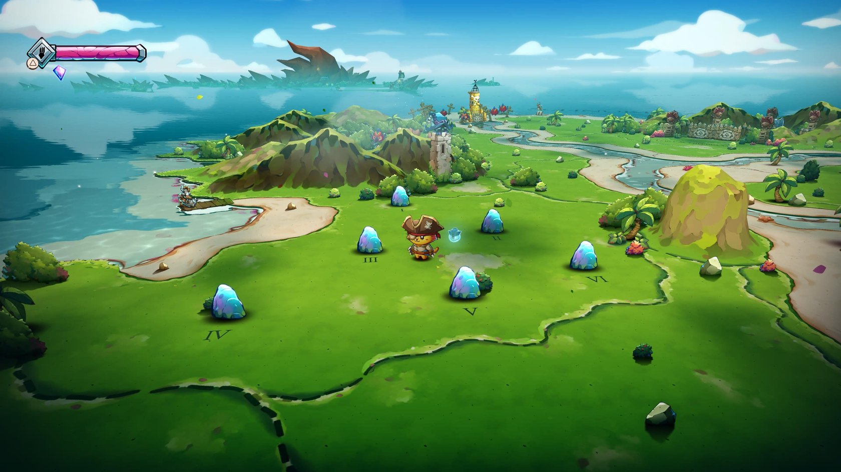 Die Rätsel der blauen Säulen und Steine in Cat Quest 3.