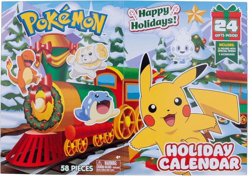 Der Kalender zeigt einen Zug, der durch eine Schneelandschaft fährt. Vertreten sind außerdem zahlreiche Pokémon wie beispielsweise Pikachu.