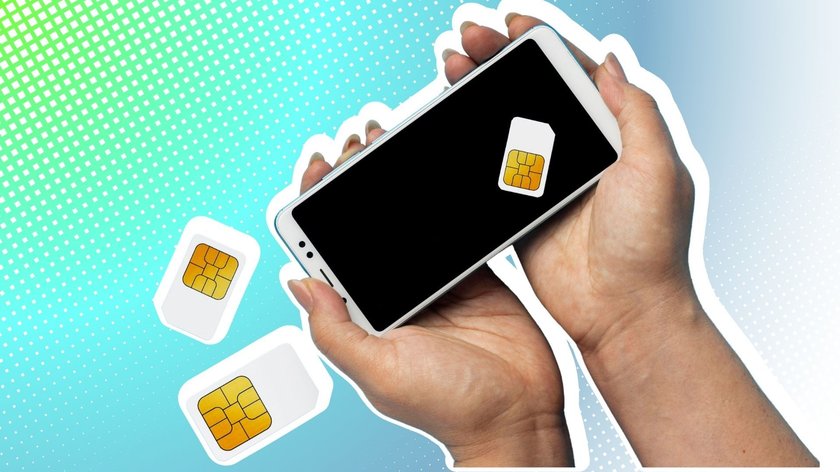 Vorderansicht Hände halten Smartphone SIM Karten