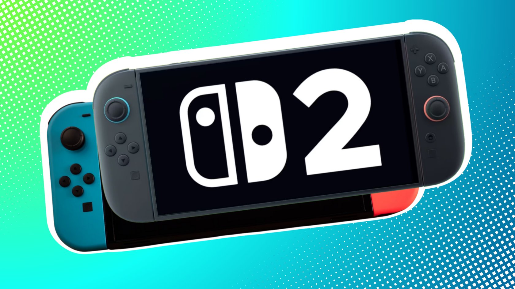 Nintendo Switch 2 vor einer Nintendo Switch. Beide vor einem blaugrünen Hintergrund.