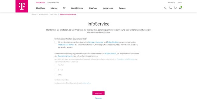 Screenshot aus dem Telekom-Kundencenter: Zu sehen ist ein Formular, in dem man durch Haken der Telekom den Werbekontakt erlauben oder entziehen kann.