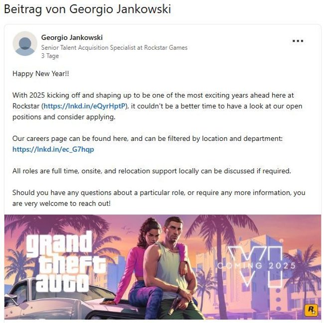 LinkedIn-Post von Rockstar-Mitarbeiter Georgio Jankowski, der über 2025 und den Release von GTA spricht.