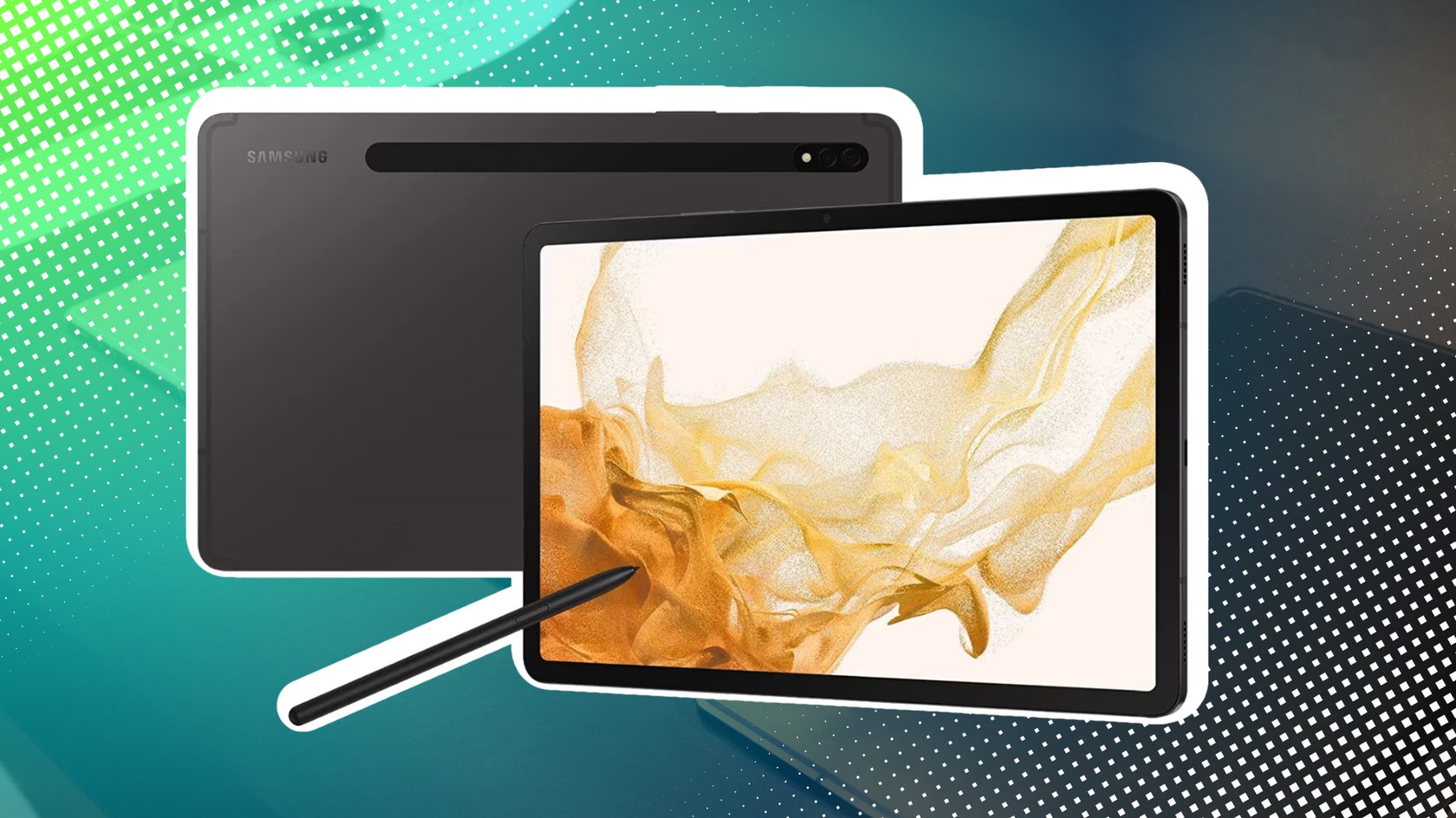 Zwei Samsung Galaxy Tab S8, einmal ist die Vorderseite, einmal die Rückseite zu sehen.