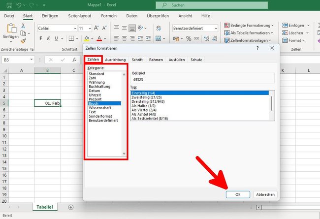 Excel: Wählt hier das richtige Format für die Zelle(n) aus.