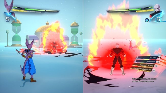 Beerus und Jiren im Splitscreen-Kampf von Dragon Ball: Sparking Zero.