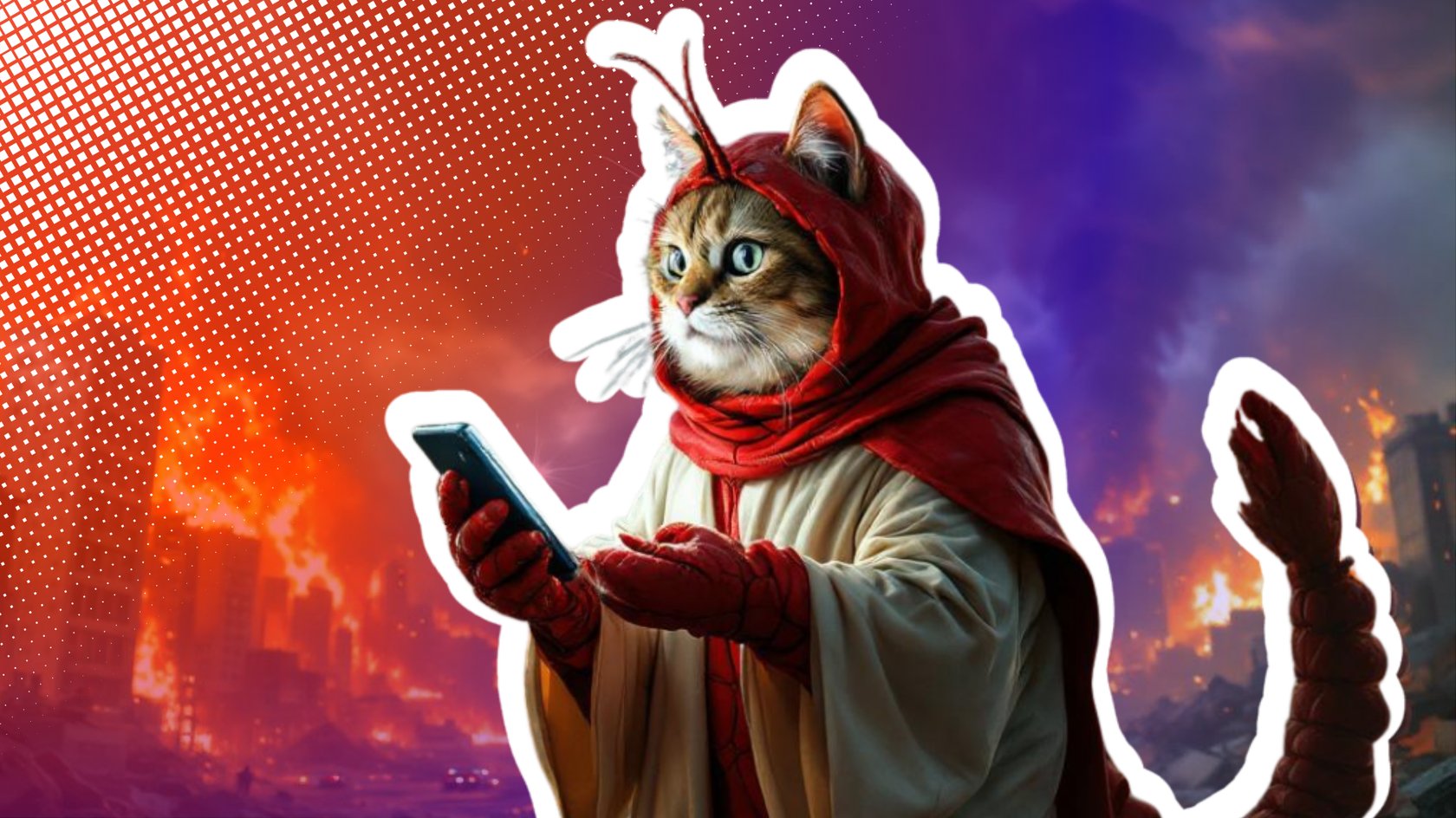 Katze im Hummerkostüm mit Jesus-Outfit, die schockiert auf ihr Handy blickt. Im Hintergrund brennt eine Stadt