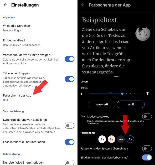 Zwei Bildschirmaufnahmen der Wikipedia-App-Einstellungsseite nebeneinander: Links sind allgemeine Einstellungen zu sehen, darunter Sprache, Entdecken-Feed, Linkvorschau, Einklappen von Tabellen und "Farbschema der App", das aktuell auf "Hell" eingestellt ist. Ein roter Pfeil zeigt auf diese Option. Rechts ist die Detailseite für das Farbschema geöffnet, wo ein Beispieltext angezeigt wird und Optionen zur Anpassung der Textgröße, Schriftart (Sans-Serif oder Serif), Lesefokusmodus und Farbschema (vier Farben zur Auswahl) verfügbar sind. Ein weiterer roter Pfeil zeigt auf die Auswahl "Aa" für das Farbschema in Blau (dunkles Design).