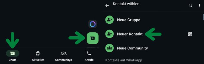 Tippt auf den oberen Rand (mit Name und Nummer) einer beliebigen Nachricht der Person. Jetzt öffnen sich die Kontaktdetails der Person. Drückt hier auf den Button "Speichern" (oben rechts).