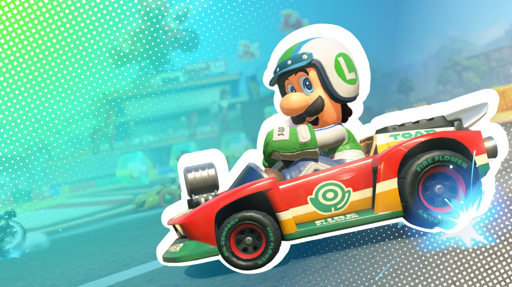 Luigi aus Mario Kart World vor einem blauen Hintergrund.