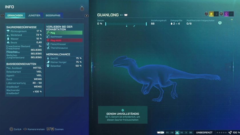 Infos zum Guanlong Fleischfresser-Dino in Jurassic World Evolution 3
