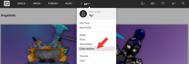 GOG-Webseite und die Option einen Spiele-Code einzulösen