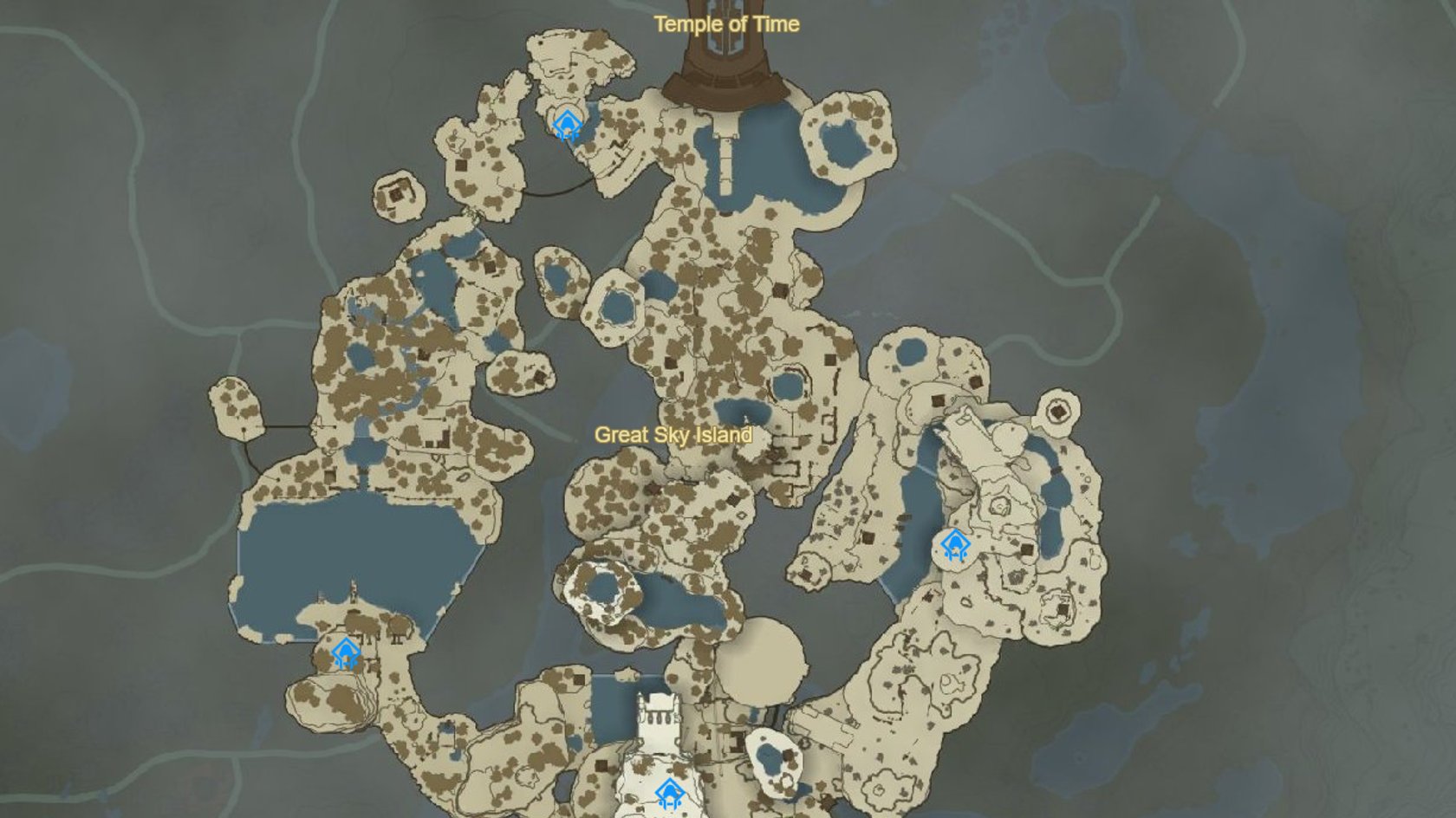 Karte der "Great Sky Island" aus dem Videospiel "The Legend of Zelda: Tears of the Kingdom". Die Insel besteht aus mehreren miteinander verbundenen Landmassen, die von Wasserflächen und Klippen umgeben sind. Markiert sind der "Temple of Time" im oberen Bereich der Karte sowie mehrere blaue Symbole, die Schnellreisepunkte darstellen. Die Karte zeigt eine beige-braune Farbpalette für das Gelände und einen grauen Hintergrund für die Umgebung.