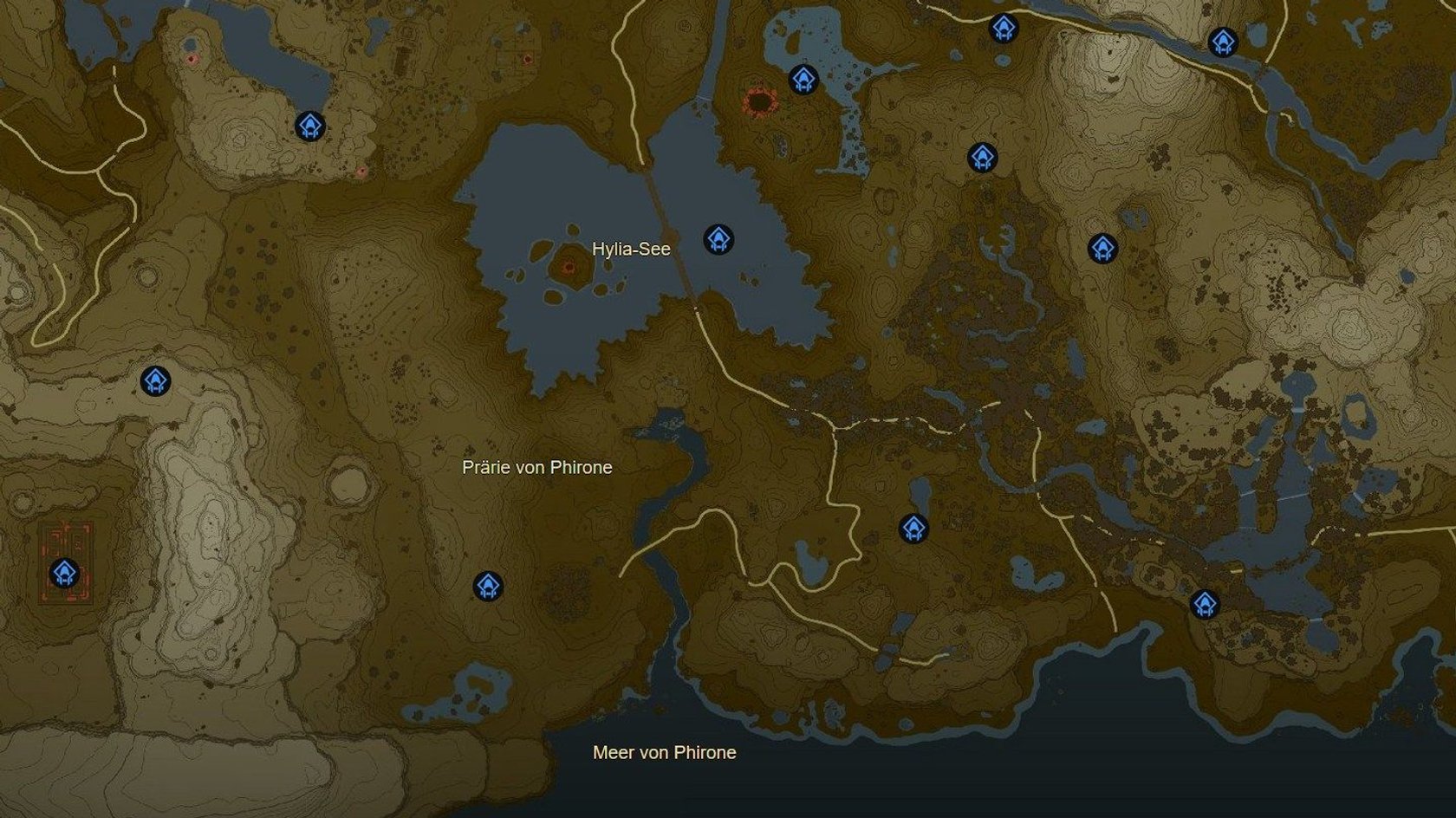Karte aus dem Videospiel „The Legend of Zelda: Breath of the Wild“, die die Region um den Hylia-See, die Prärie von Phirone und das Meer von Phirone zeigt. Die Karte ist in Brauntönen gehalten und zeigt Höhenlinien, Strassen, Gewässer und markierte Orte. Blaue Symbole mit einem stilisierten Gebäude kennzeichnen Schreine. Der Hylia-See ist zentral abgebildet, mit einer kleinen Insel in der Mitte. Strassen und kleinere Gewässer durchziehen die Umgebung.