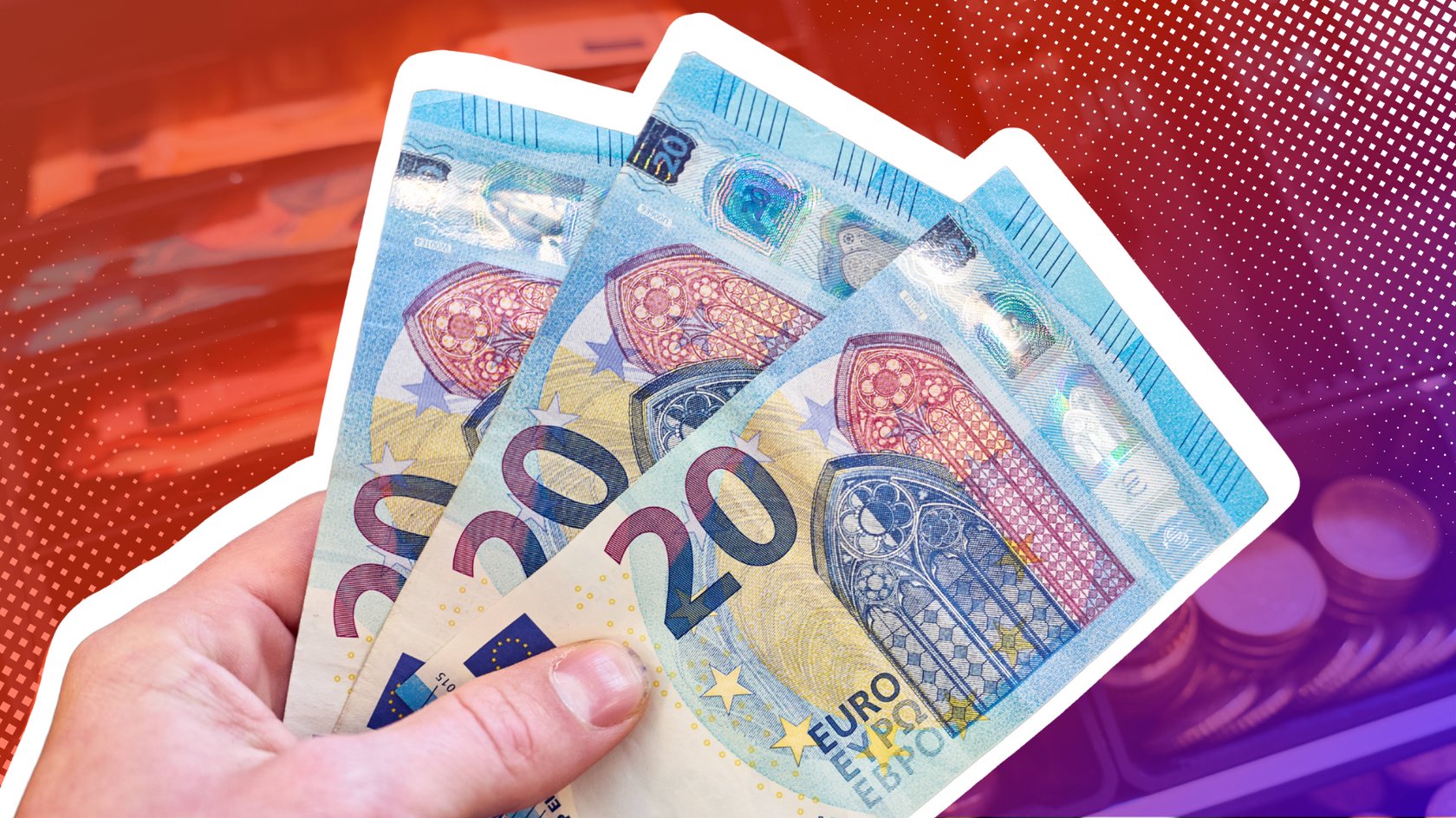 20-Euro-Scheine vor einer Kasse mit Bargeld.