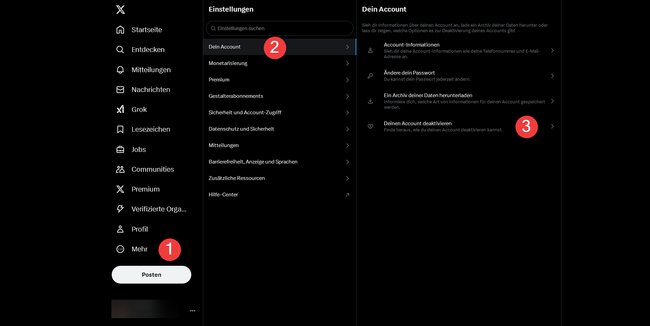 Screenshot der Schritte, mit denen man sein X-Konto im Browser deaktivieren kann.
