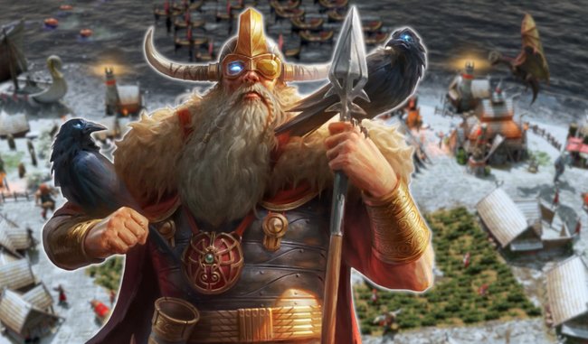 Artwork von Odin aus Age of Mythology: Retold im Hintergrund ein Screenshot aus dem Spiel