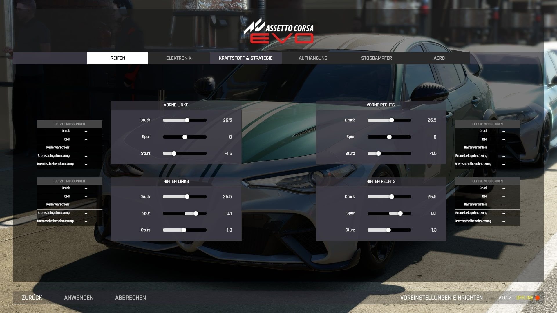 Fahrzeugsetup mit Reifeneinstellungen in Assetto Corsa Evo.