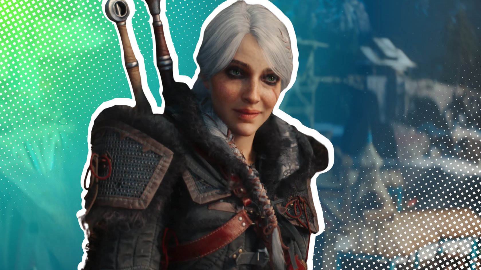 Ciri aus The Witcher 4 mit Hexer-Rüstung und zwei Schwertern auf dem Rücken.