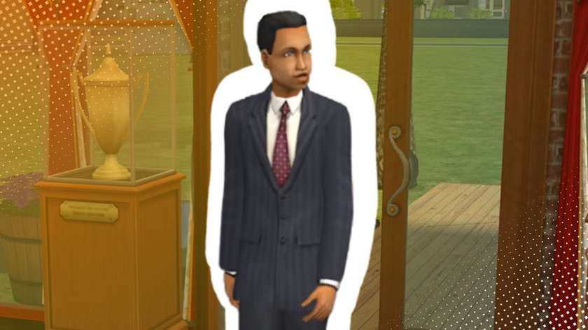 Ein Sims im schicken Anzug neben einem Trophäenschrank in Die Sims 2.