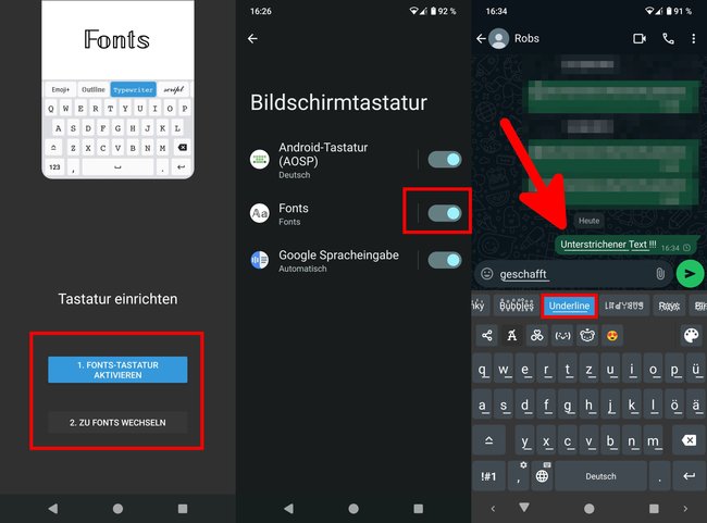 Mit der Fonts-Tastatur könnt ihr auch unterstrichenen Text in WhatsApp abschicken.