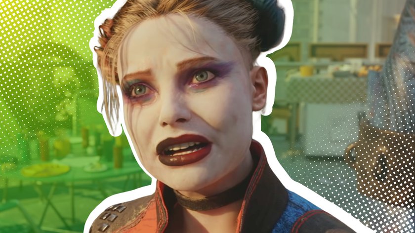 Harley Quinn aus dem Shooter Suicide Squad: Kill the Justice League vor einem grünen Hintergrund.