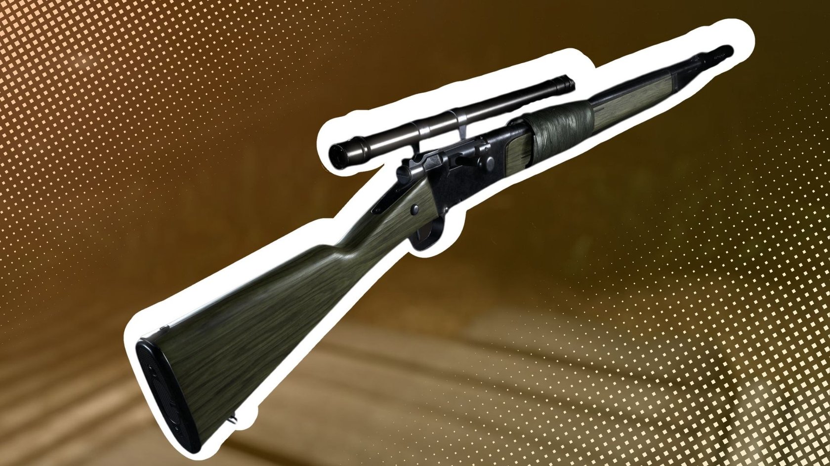 Das Bild zeigt ein Scharfschützengewehr, das weiß umrandet ist.