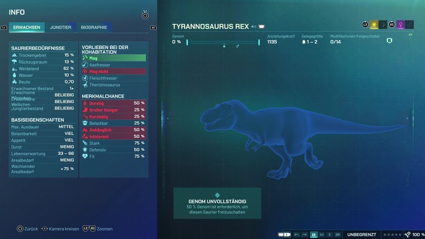 Infos zum Tyrannosaurus Rex Fleischfresser-Dino in Jurassic World Evolution 3