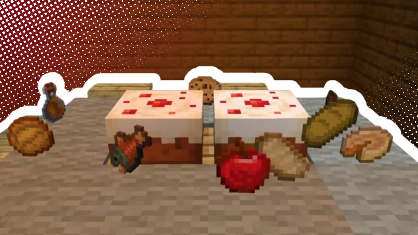 Ein Tisch in Minecraft-Stil, auf dem viel verschiedenes Essen liegt wie Kartoffeln, Äpfel und Erdbeerkuchen.