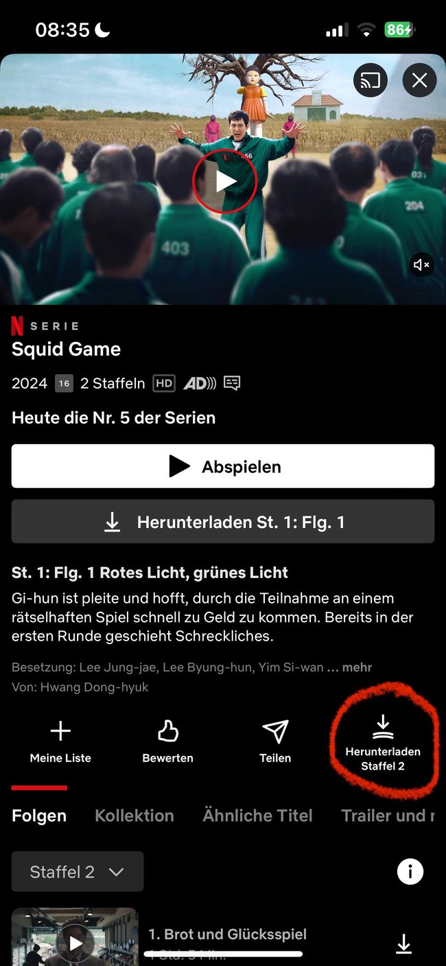 Hier findet sich der Button in der Netflix-App zum Staffeldownload.