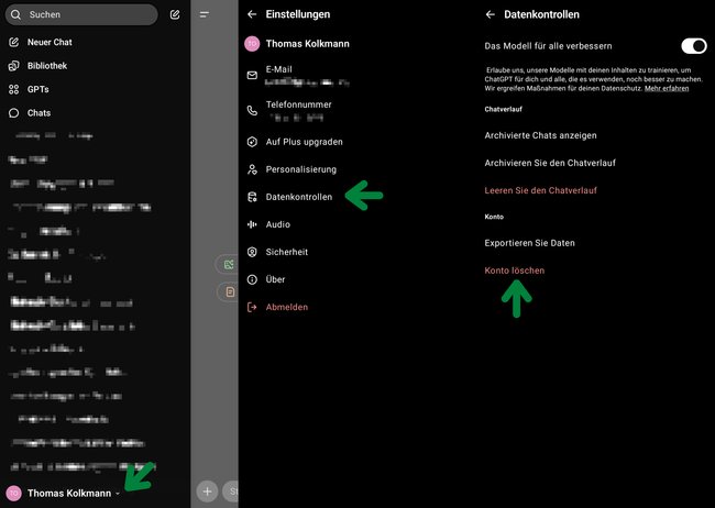 Öffnet die ChatGPT-App und wischt von links nach rechts, um das Seiten-Menü zu öffnen. Tippt hier unten auf euren Namen und dann auf den Punkt „Datenkontrollen“.  Unter dem Menüpunkt „Konto“ findet ihr jetzt „Konto löschen“, drückt darauf.