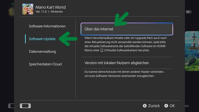 Drückt die Plus- oder Minus-Taste, um die erweiterten Optionen zu öffnen und wählt unter "Software-Update" die Option "Über das Internet" aus.
