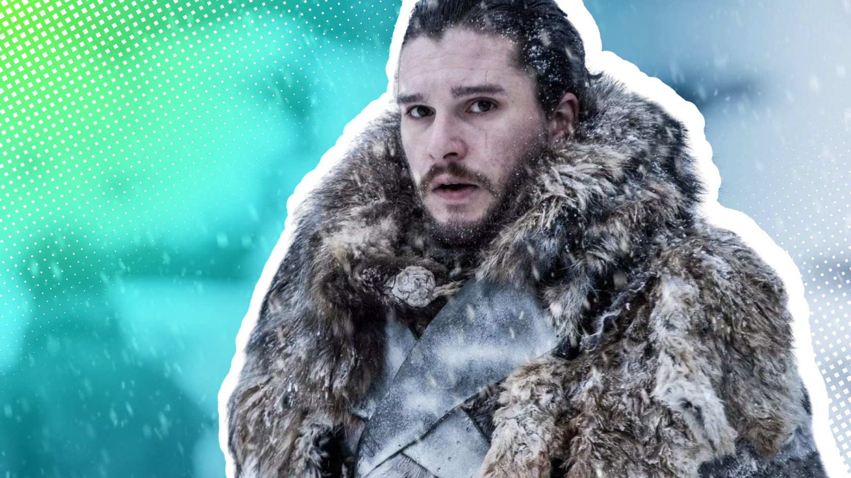 Jon Snow mit dickem Pelzmantel vor einem blauen Hintergrund.