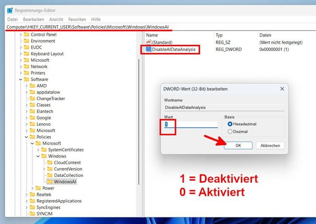 Windows-11-Registry: Stellt den Wert auf 1, um Recall zu deaktivieren.