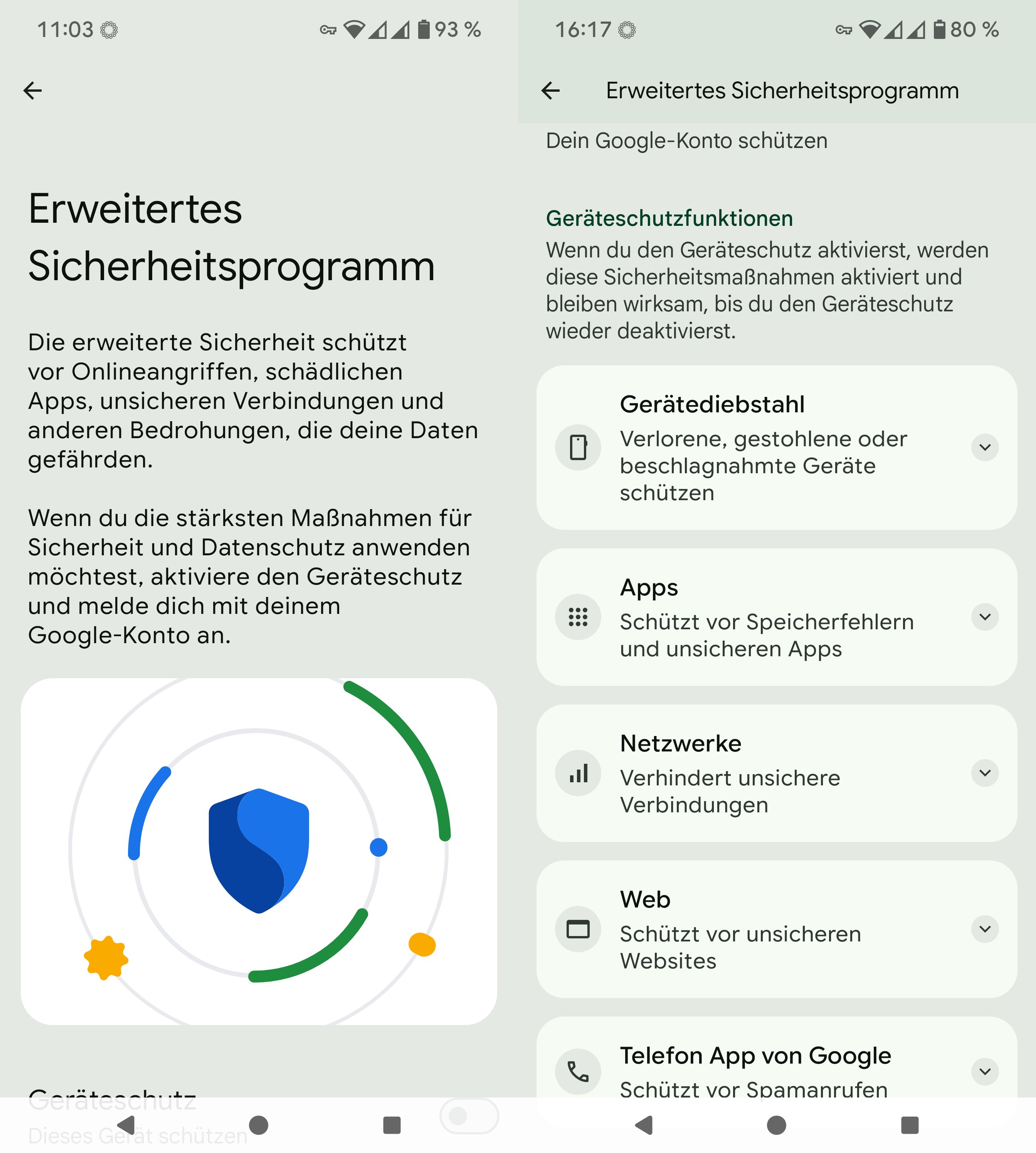 Screenshot eines Android-Smartphones mit der Anzeige des erweiterten Sicherheitsprogramms von Google, das verschiedene Schutzfunktionen wie Gerätediebstahl, Apps, Netzwerke, Web und die Google Telefon App umfasst.
