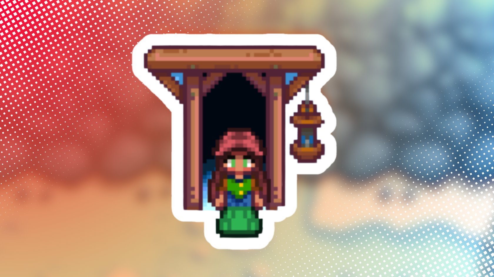 Pixelart-Grafik einer Figur aus dem Videospiel Stardew Valley, die vor einem kleinen hölzernen Stand mit einem dunklen Eingang steht. Die Figur trägt grüne Kleidung, hat lange braune Haare und eine rote Kopfbedeckung. Eine Laterne hängt an der rechten Seite des Standes. Der Hintergrund ist farblich verlaufend und mit einem Rastermuster überlagert.