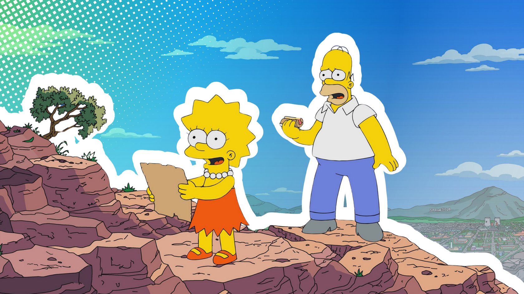 Lisa und Homer Simpson stehen auf Felsen mit Blick auf Springfield.