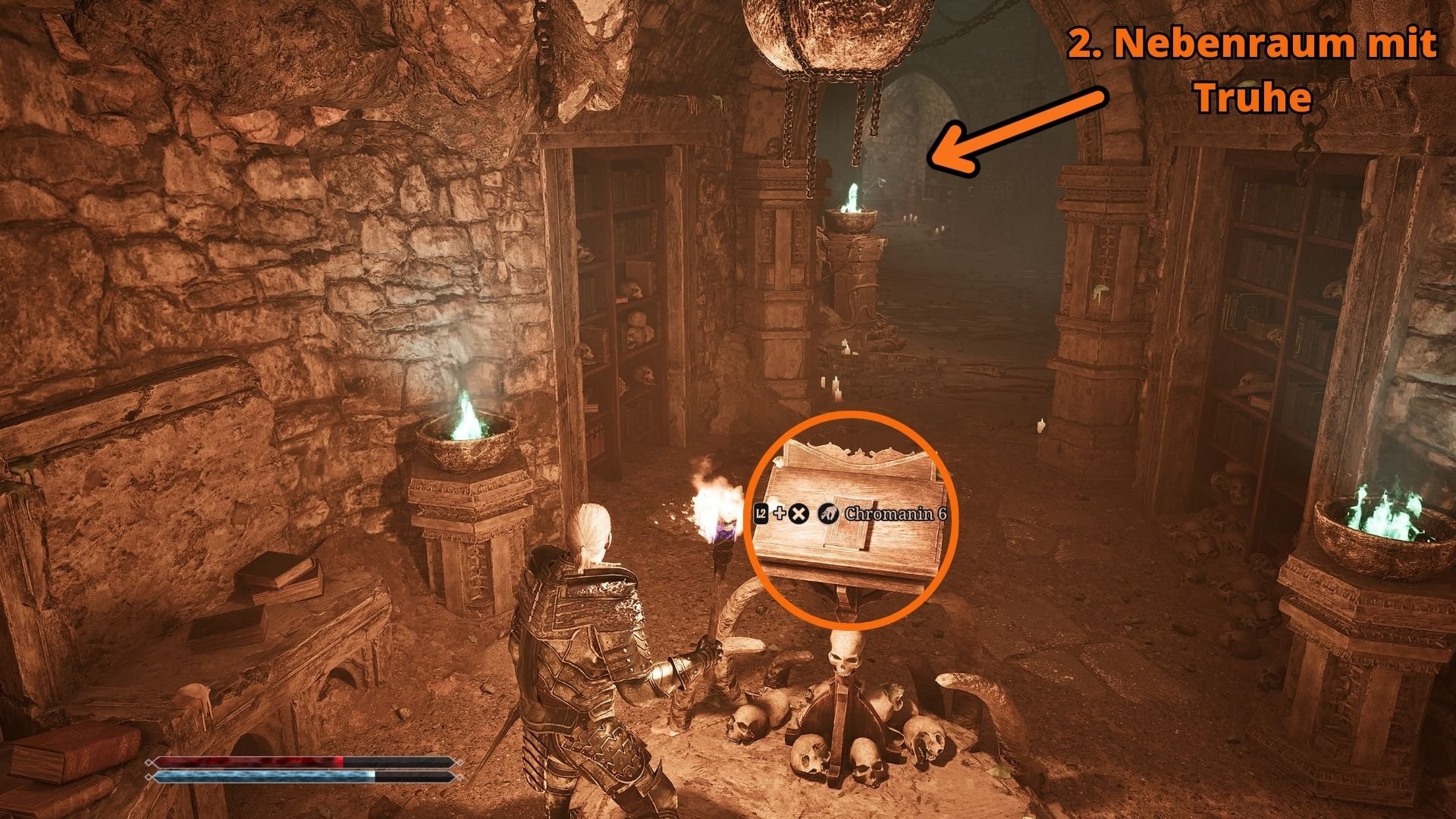 In the two new side rooms you will find the last book and a loot chest.